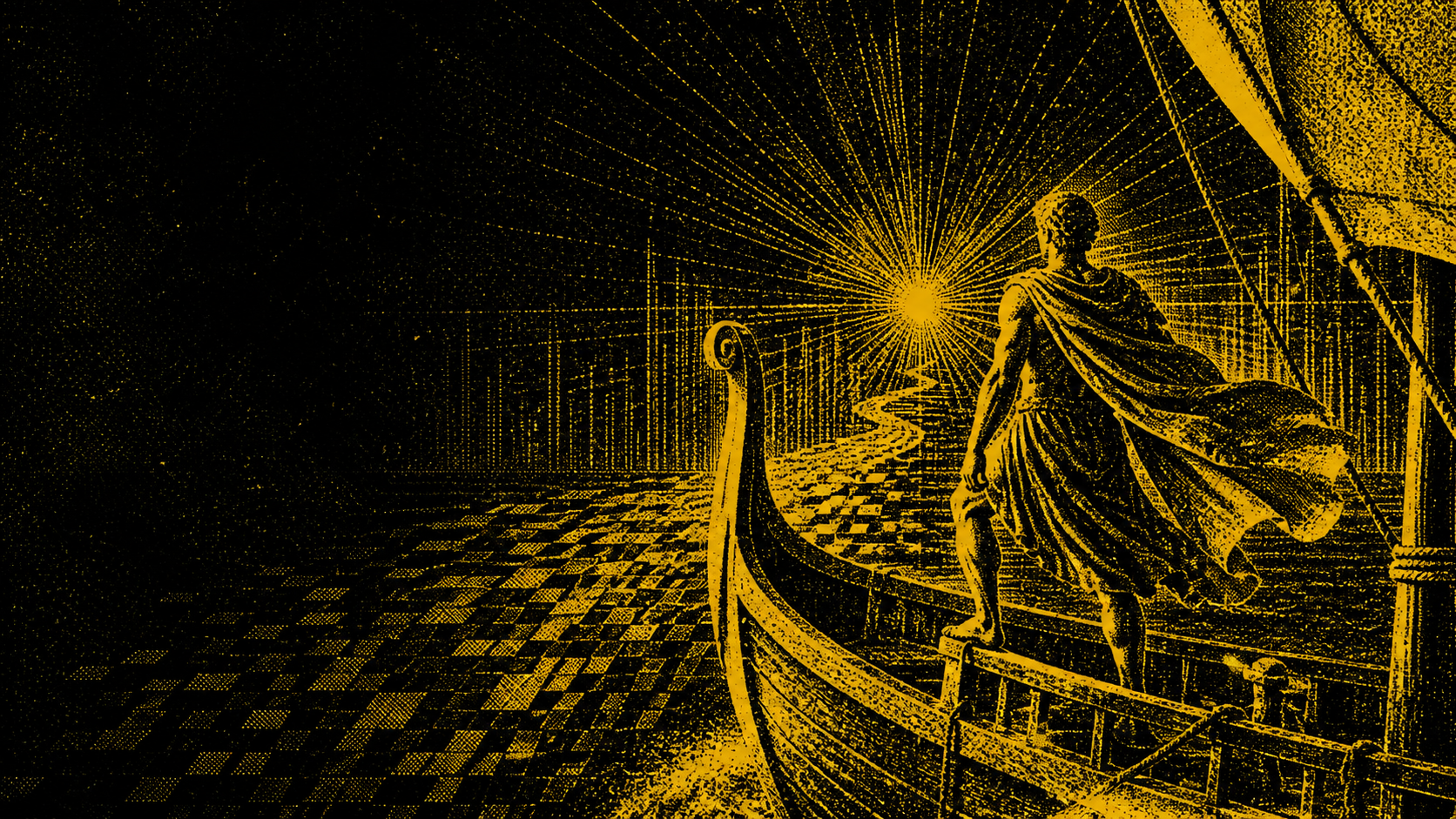 A grainy yellow and black Odyssey-inspired figure moving toward an unknown horizon