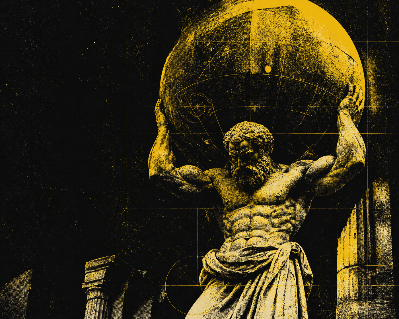 A heavily grainy yellow and black illustration of Atlas carrying a celestial sphere